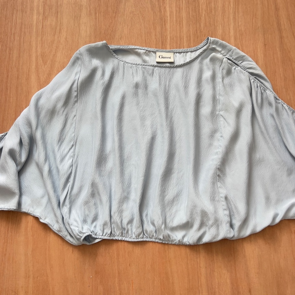 Ganni light blue open dolan sleeve blouse **fits like large